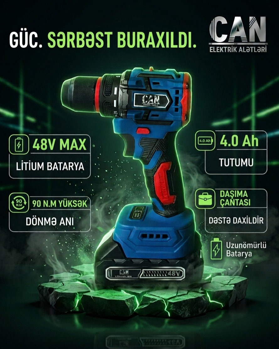 CAN akkumulyatorlu drel – 48V max / 90 n.m  yüksək güc