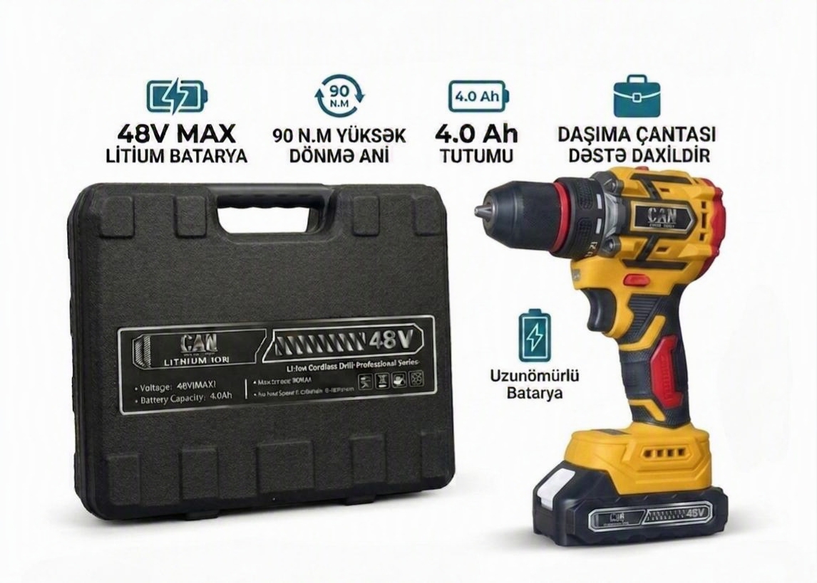 CAN akkumulyatorlu drel – 48V max / 90 n.m  yüksək güc