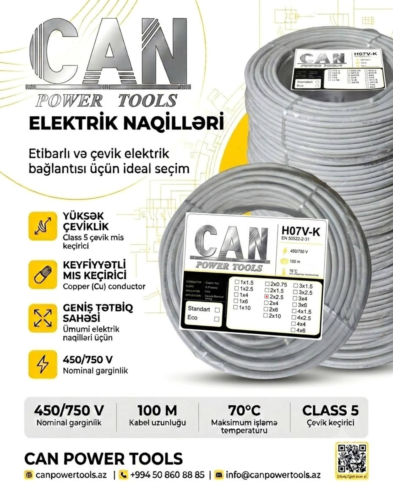 CAN Power Tools 2x2.5 mm – H07V-K Çevik Elektrik Naqilləri (450/750V)